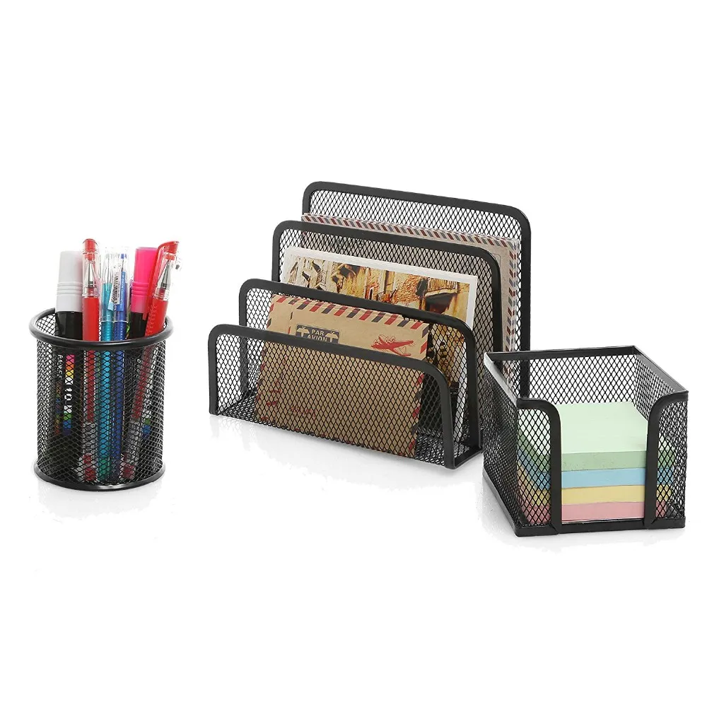 wideny 办公用品桌面存储黑丝金属网办公桌组织者文具套装