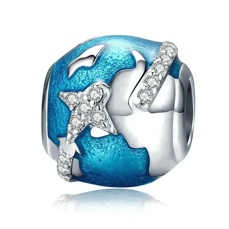 

BAMOER Genuine 100% 925 Sterling Silver World Traveling & Dazzling CZ Blue Enamel Beads Fit Bracelets Jewelry Gift S925