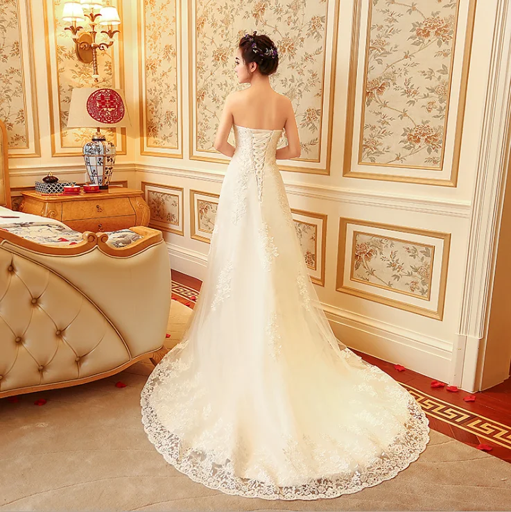 ZH2344G Simple Strapless Sheath Wedding Dresses Lace Appliques Sequins Bridal Gown