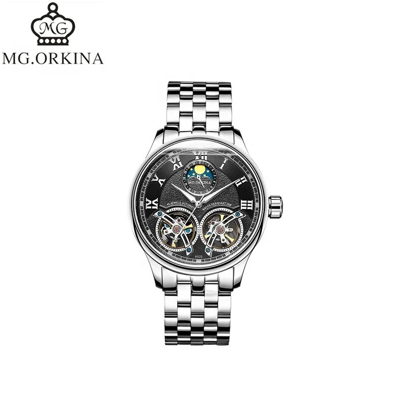 

MG.ORKINA Stainless Steel Automatic Men Wrist Watch Mechanical Skeleton Hollow Double Waterproof Tourbillion Moon Watch Clock, As the picture or customized