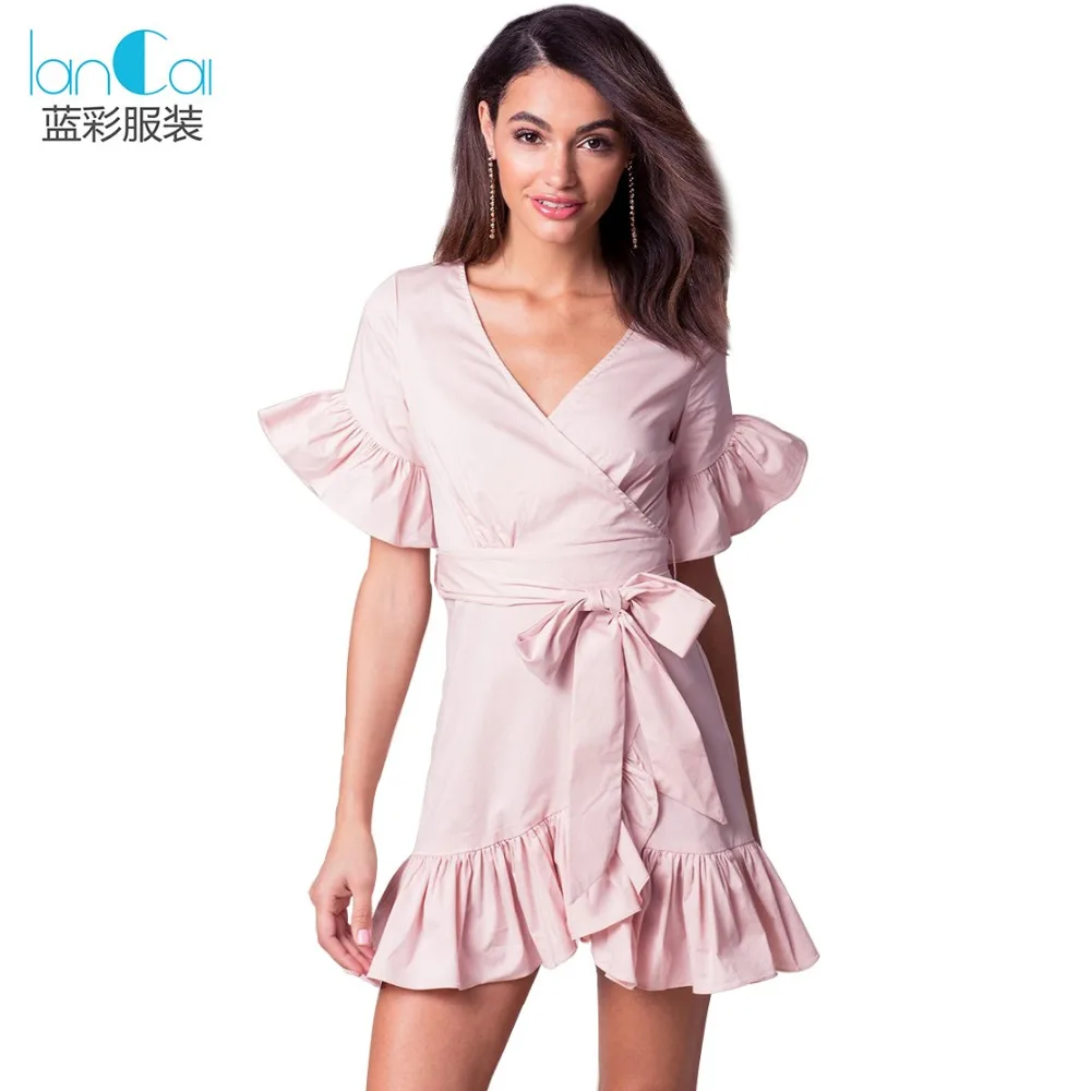 

Fashion Trend Ruffle Wrap Dress 100% Cotton Women Dress, Pink or customized