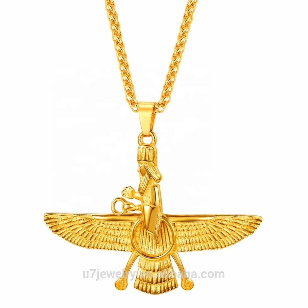 

Zoroastrianism Pendant Chain Ancient Jewelry Iran gold plated stainless steel faravahar necklace for men