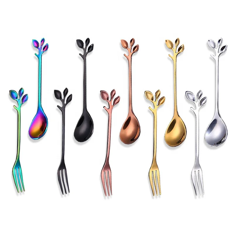 

Elegent leaf cake fork and spoon colorful small stainless steel cake fork spoon set