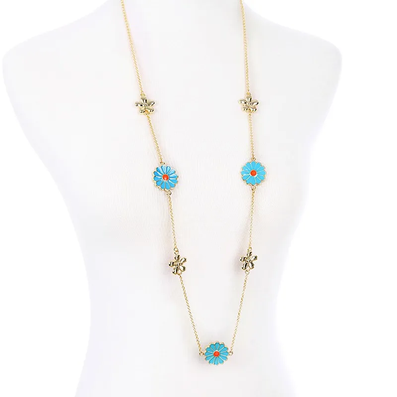 

xl01958 Long Iron Chain Necklace Cute Simple Blue Enamel Flower Gold Custom Necklace, As picture