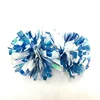 4" baton handle holographic blue and rainbow and metallic white mixed 3 color cheerleading pom poms