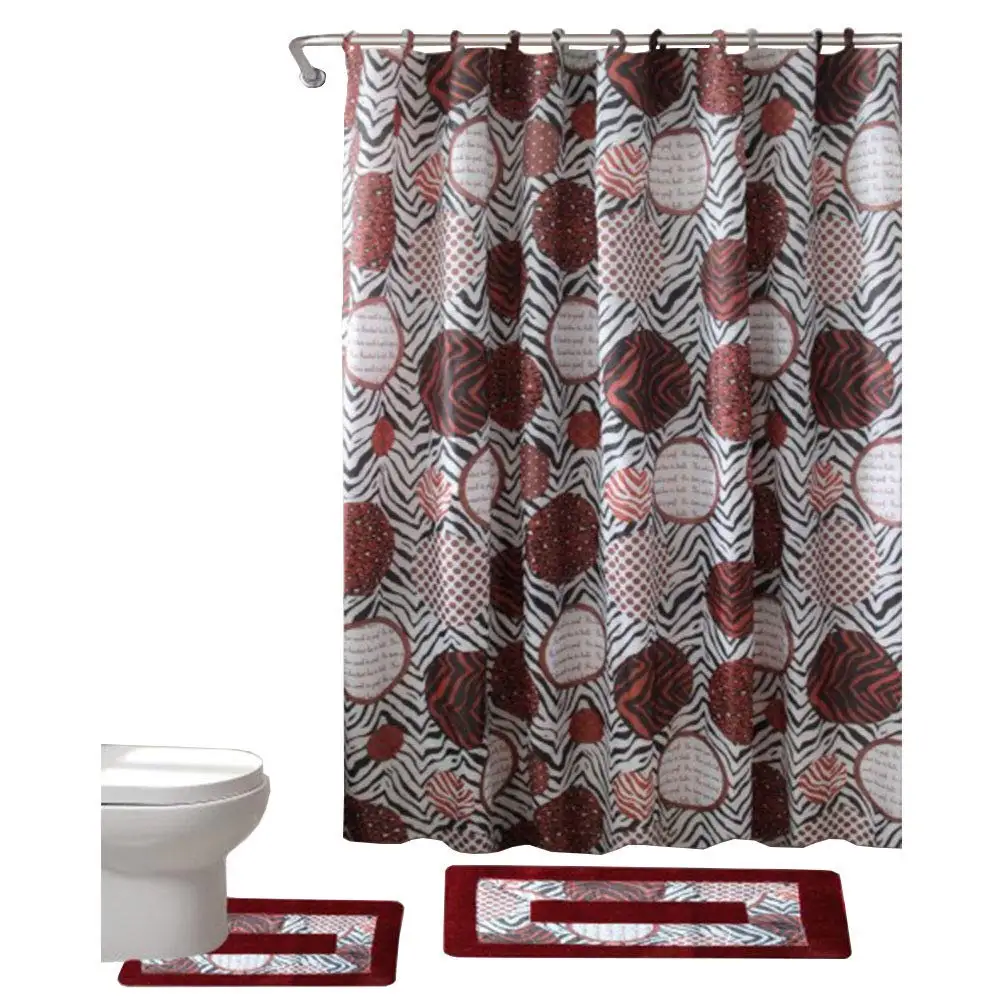 Curtain Hooks Included 14 Piece Shower Curtain and Bath Rug Set /"Madrid/"-Coral