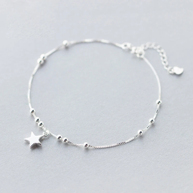 

925 Sterling Silver Beaded Anklets Fashion Glossy Charm Star Feet Anklet