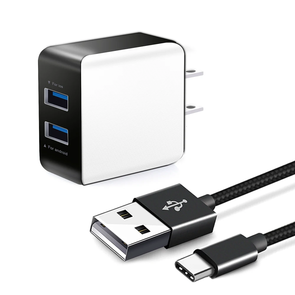 

Free shipping clearance sale 2.5A USB-C charger with cable 2in1 type c AC charger nylon barided date cable with power adapter, Black white
