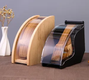 Image of Wooden Bamboo Coffee Filter Paper Holder with Acrylic Lid filter paper storage Rack Beech Acacia Wood Coffee filter holder
