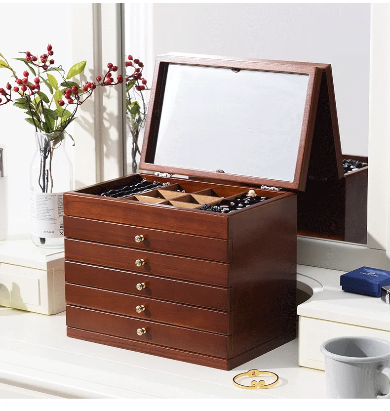 

Custom High End Wooden Jewelry Box With Mirror, Brown