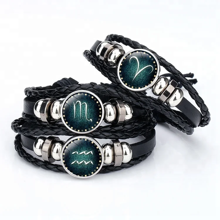 

Horoscope Zodiac Sign button leather bracelet, As pic