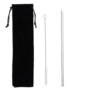 Image of Hot sale printed thin drinking straw set black pouch packing straight metal straw with brush