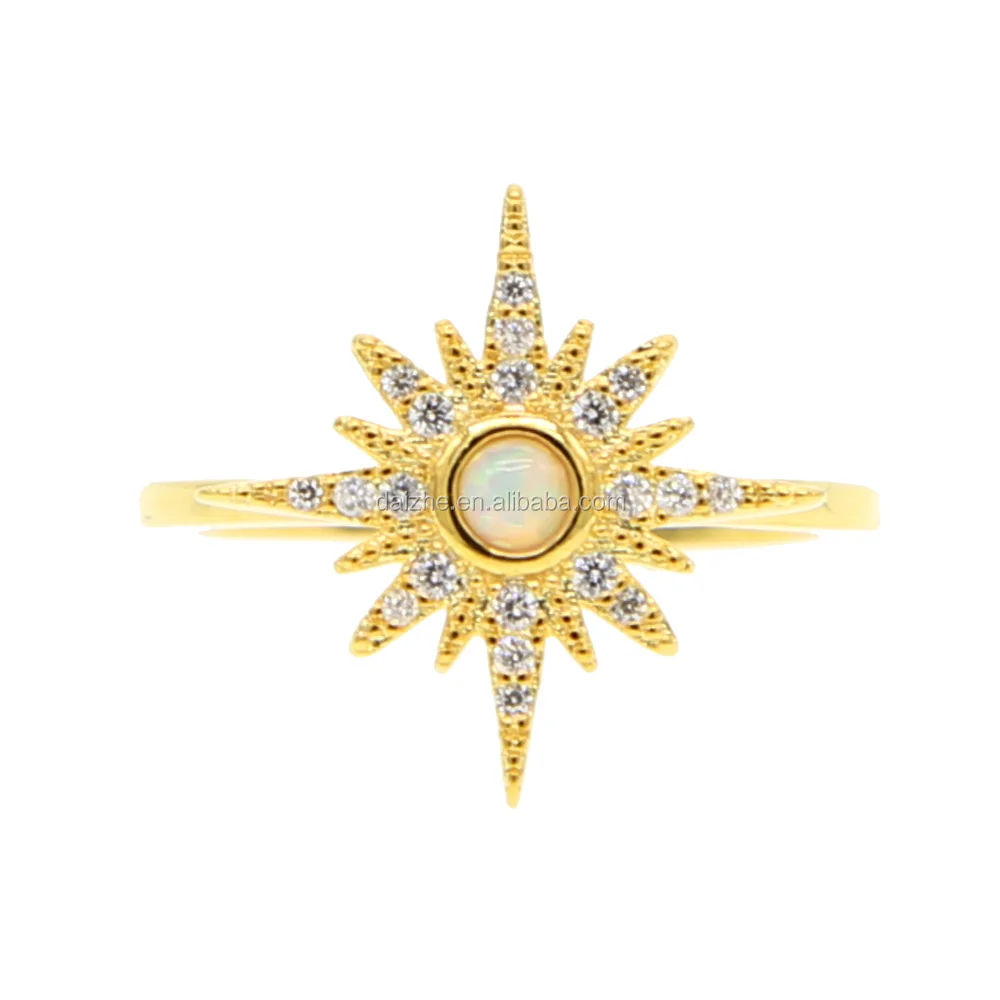 

fashion yellow gold palted womens north star rings with opal paved center stone & cz for women wedding thin band rings for gift