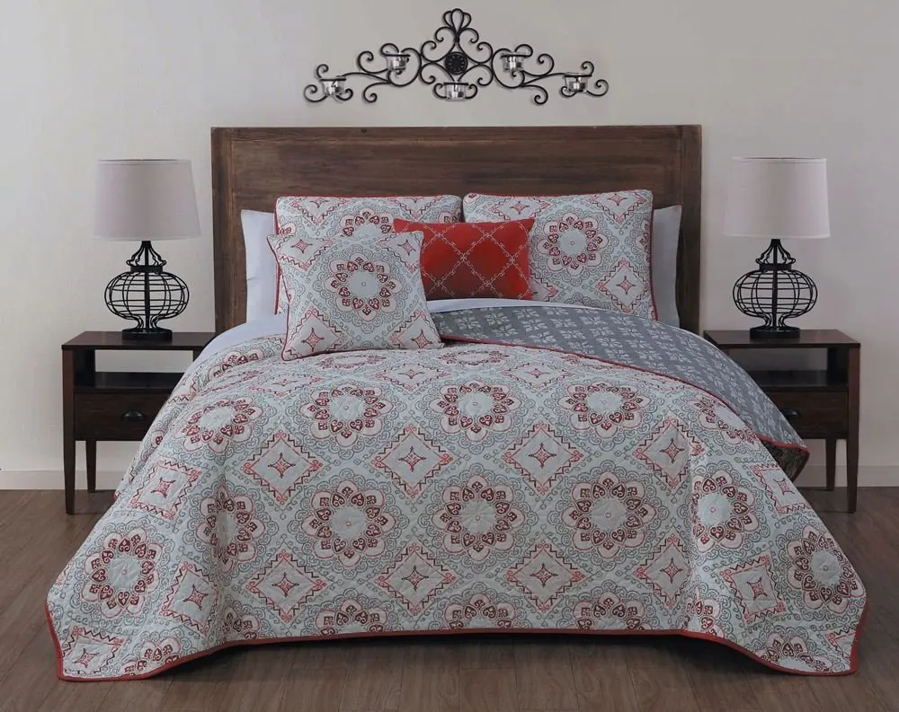 Buy 5 Piece Burgundy Grey Coral Medallion Theme Quilt King Set Beautiful Geometric Damask Floral Bedding Pretty Traditional Abstract Flower Bohemian Boho Chic Scroll Themed Pattern Dark Red Gray Pink In Cheap