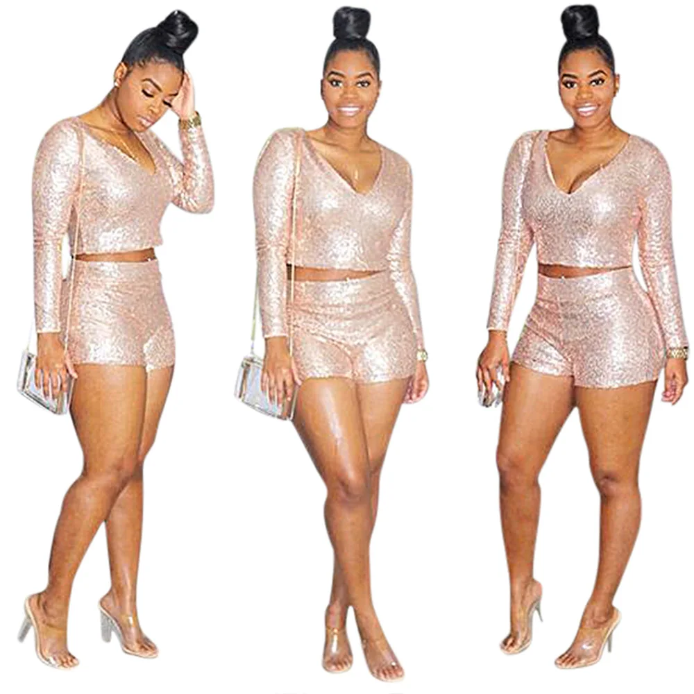FM-K8655 Woman Long Sleeves Mini Prom Short sexy tight Gold Sequin top dance skirt
