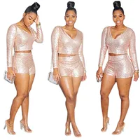 

FM-K8655 Woman Long Sleeves Mini Prom Short sexy tight Gold Sequin top dance skirt