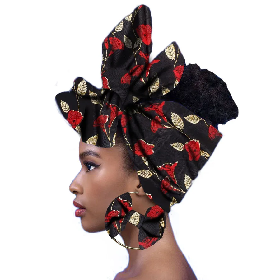 

African Headwrap Women Cotton Wax Fabric Traditional Headtie Scarf Turban with earrings, As picture