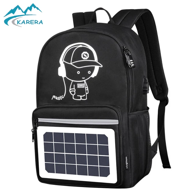 

wholesale good quality high power solar panel backpack laptop bag with USB charger Solar backpack, Black