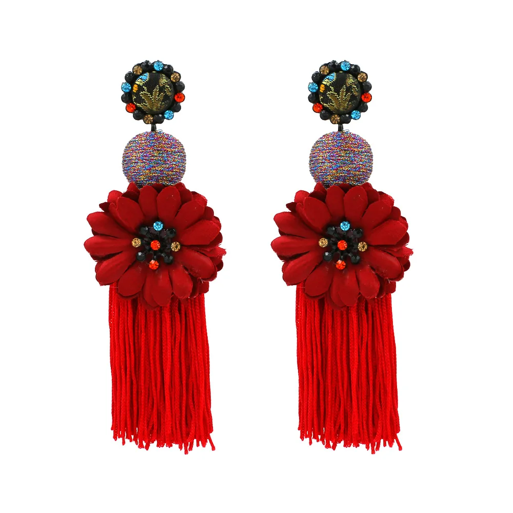 

TNER-192022 Wholesale Fabric Flower Long Drop Ethnic Tassel Earrings Jewelry for Girls, Black;red;green;blue