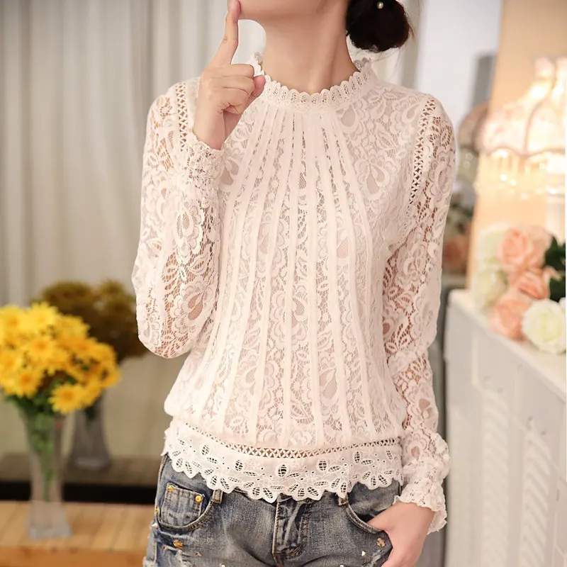 

New Ladies White Blusas Women's Long Sleeve Chiffon Lace Crochet Tops Blouse, White, black