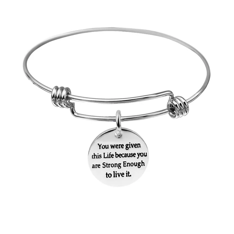 

Inspirational jewelry Coin with Letter Charms Bracelets for Women Custom Stainless Steel Expandable Wire Bangle Bracelet, Many colors you can choose
