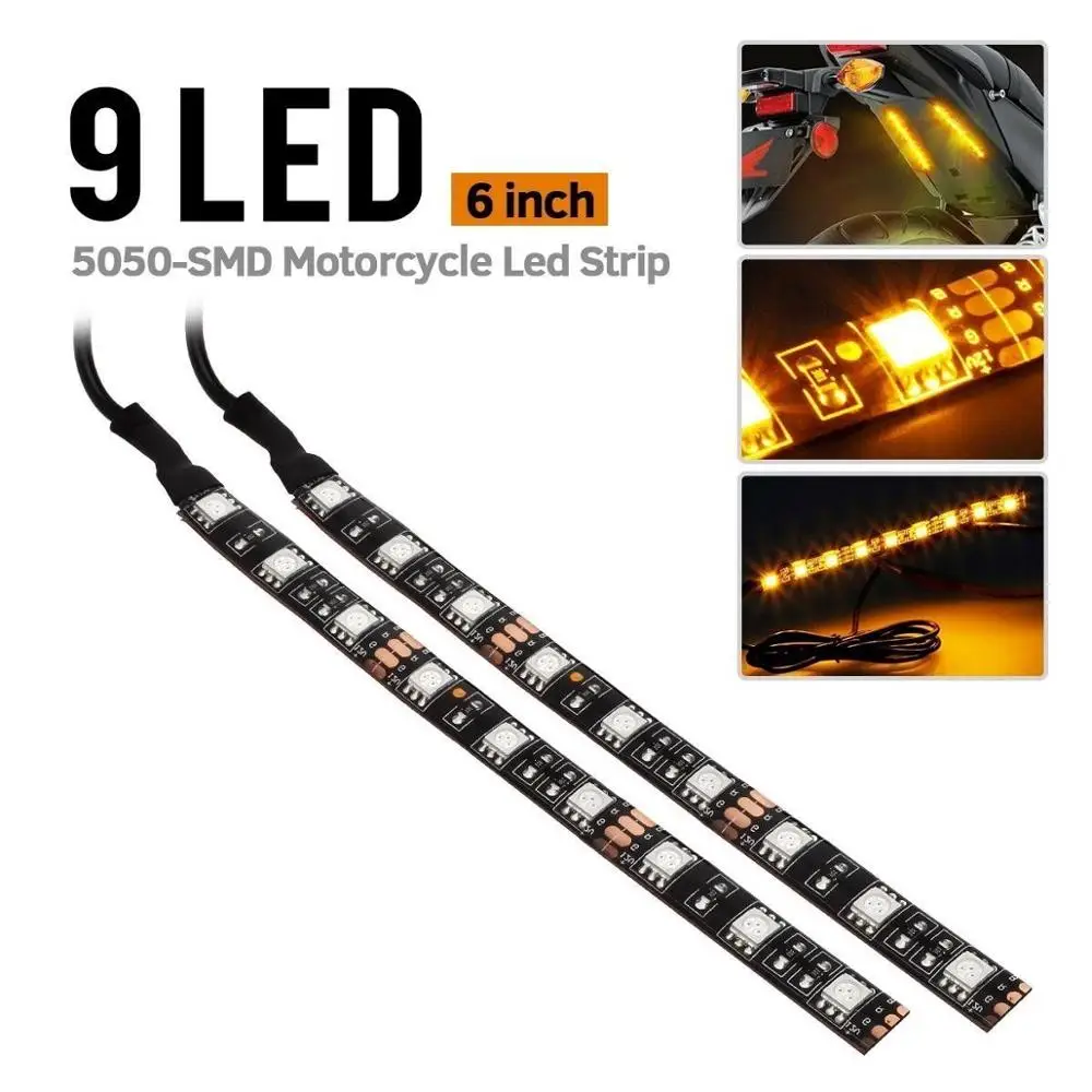 2 x Universal Motorcycle Bike Amber 5050-SMD 9 LED Turn Signal Light Strip Lamp