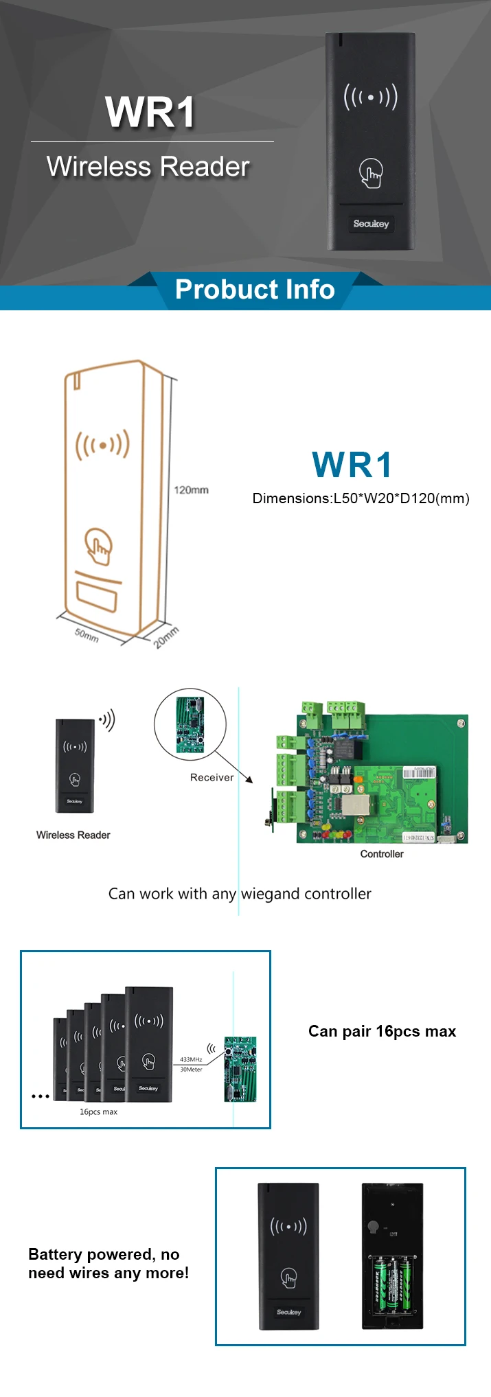 Battery powered 433mhz wireless rfid proximity card reader access control system
