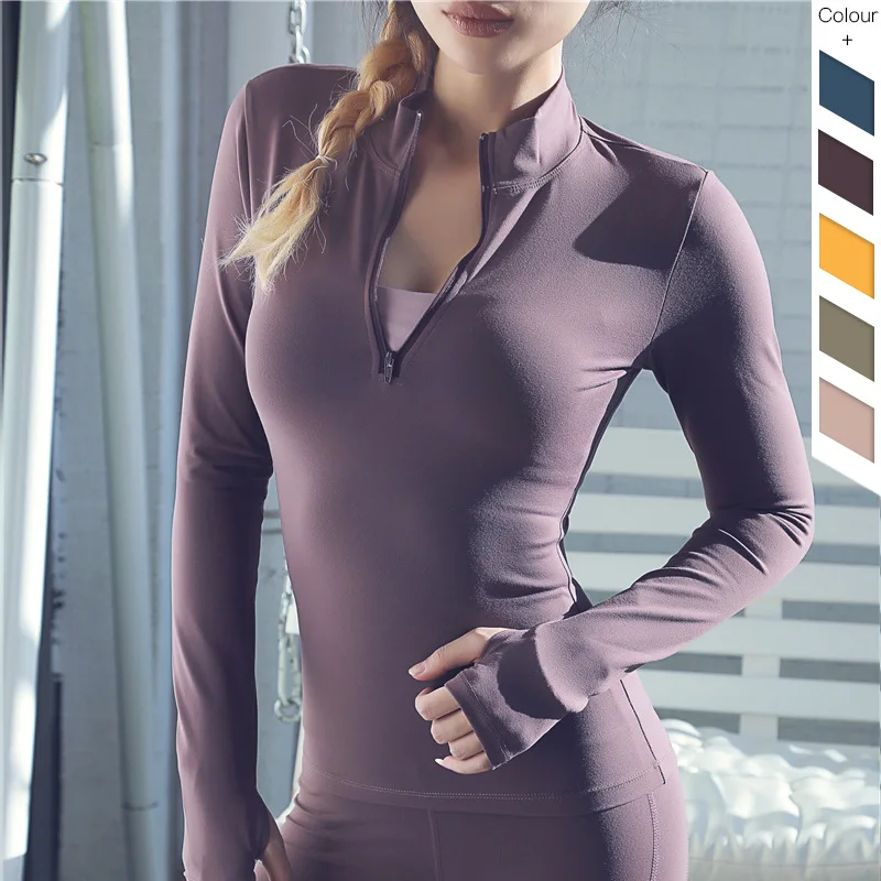 

Zipper Workout Running Shirts Long Sleeve Tight Yoga Shirt Women, Customized colors