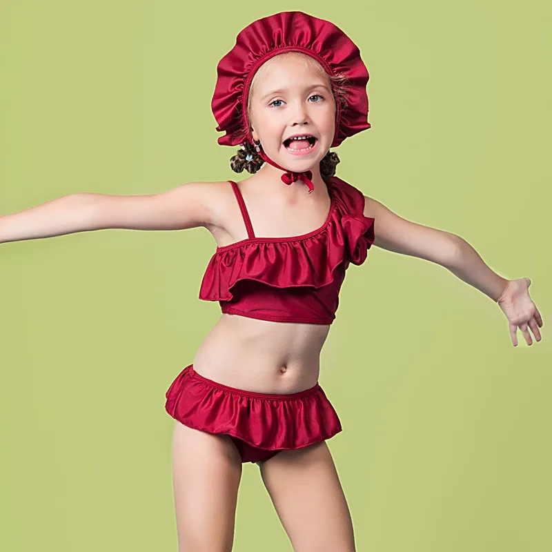 

Girls Sleeveless Swimsuit Ruffles Swimwear, Red