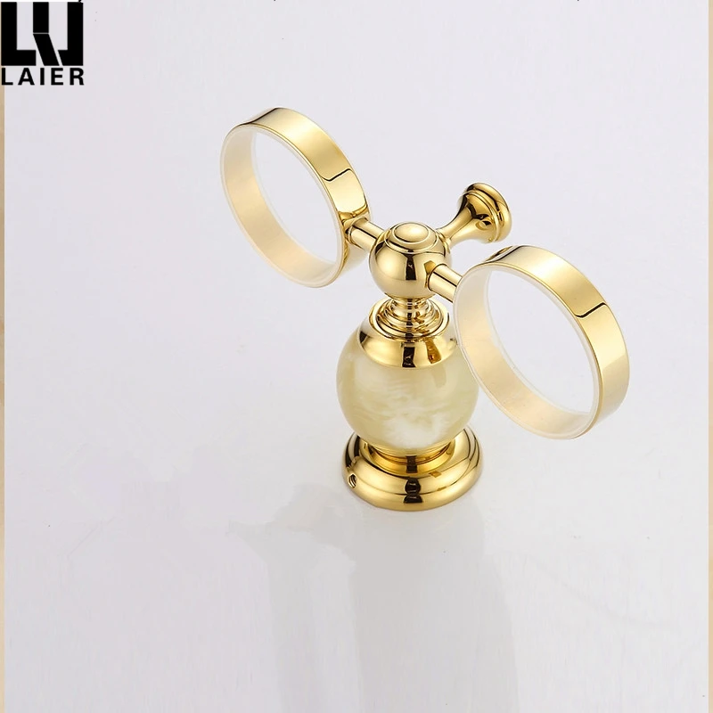 
Gold Sanitary Accessories for Bathroom Tumbler Holders Double with Jade Stone Decor Ceramic Cup 