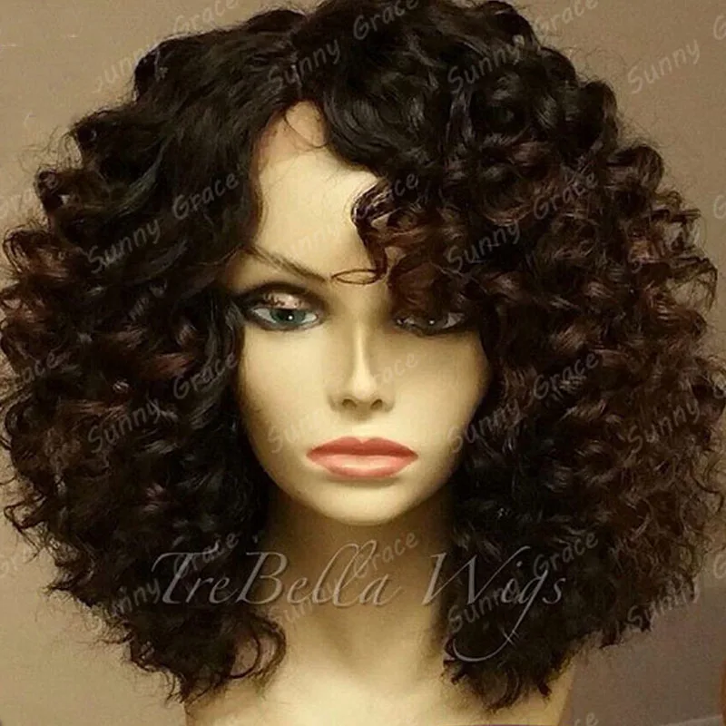 

14 Curly 100% Unprocessed short Brazilian Virgin Human Hair 150% Density glueless Full Lace Wigs, N/a