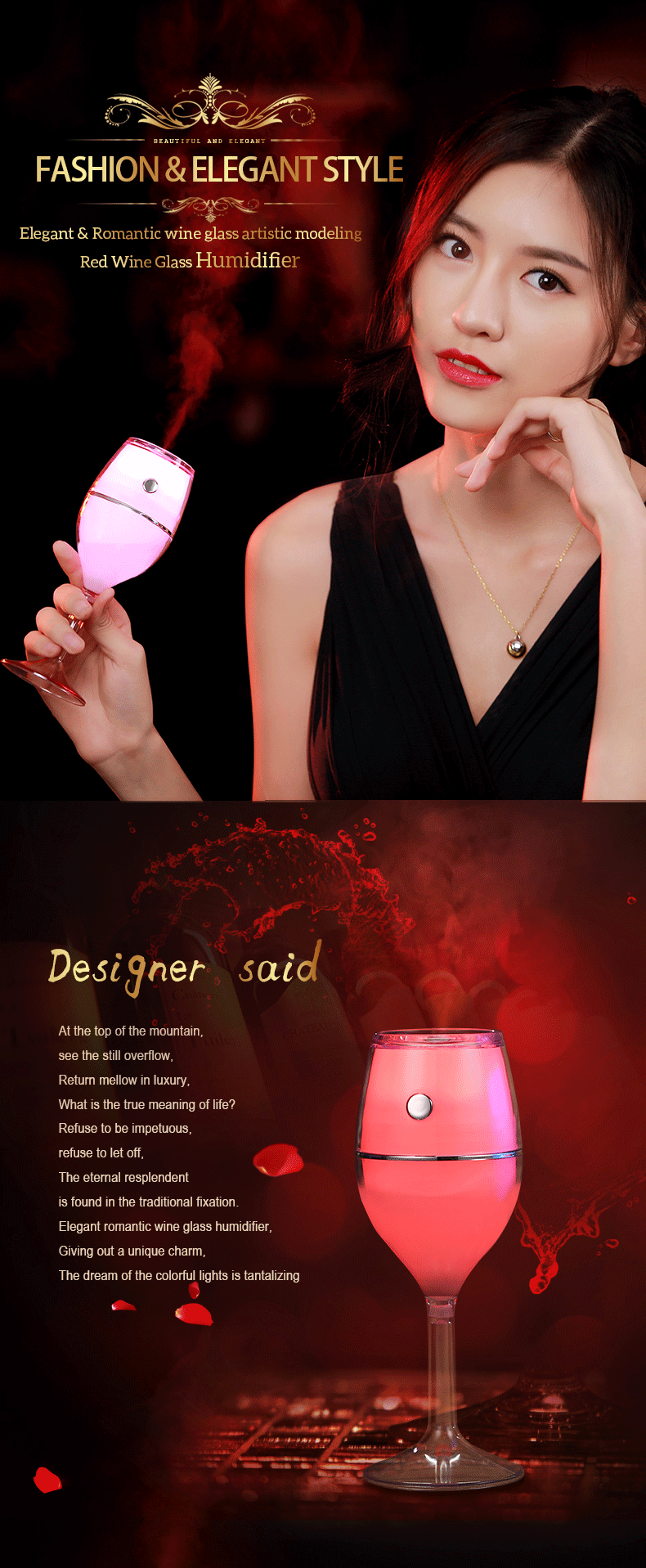 2017 hot selling romatic red wine glass ultrasonic usb aroma air humidifier with 7 color led lights