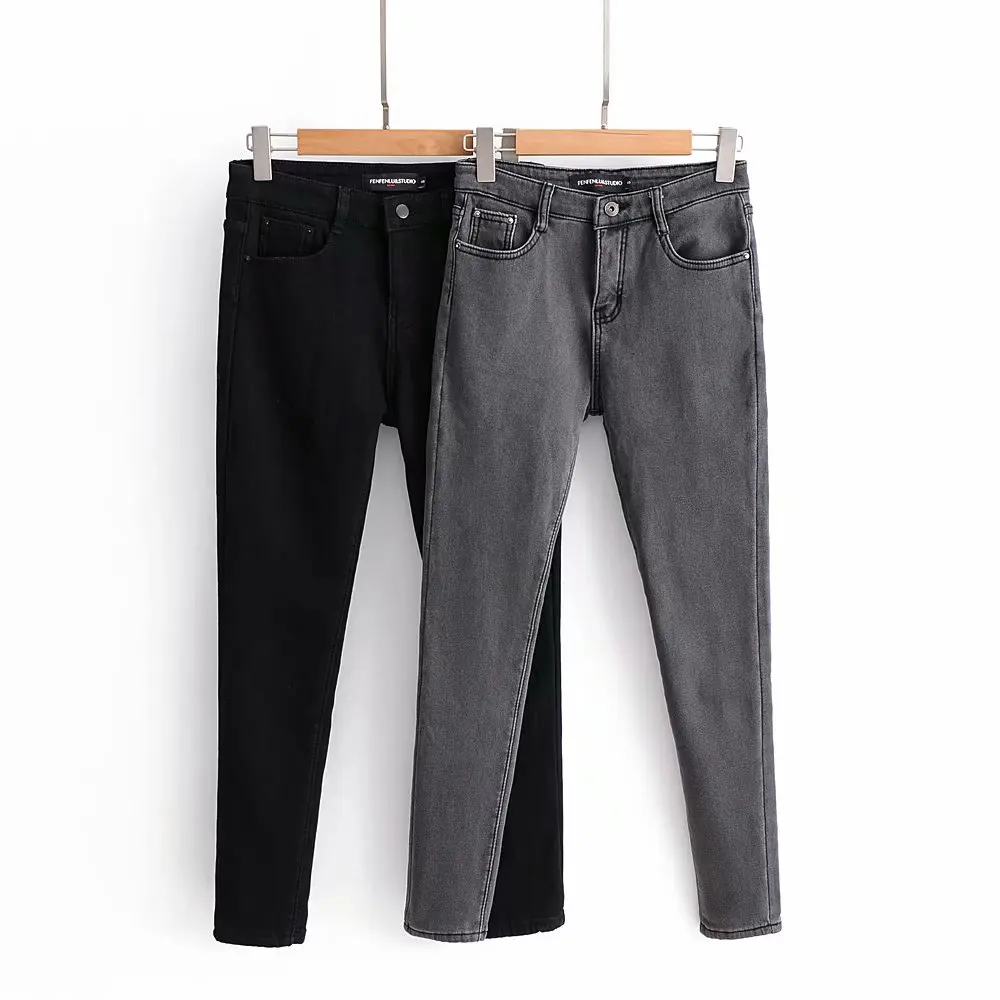 

Good quality solid color fashion skinny design women winter fleece lined winter jeans trousers