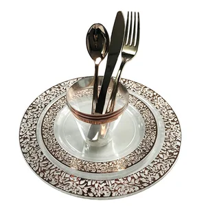 Image of Disposable Set cheap wedding gold clear plastic party plates