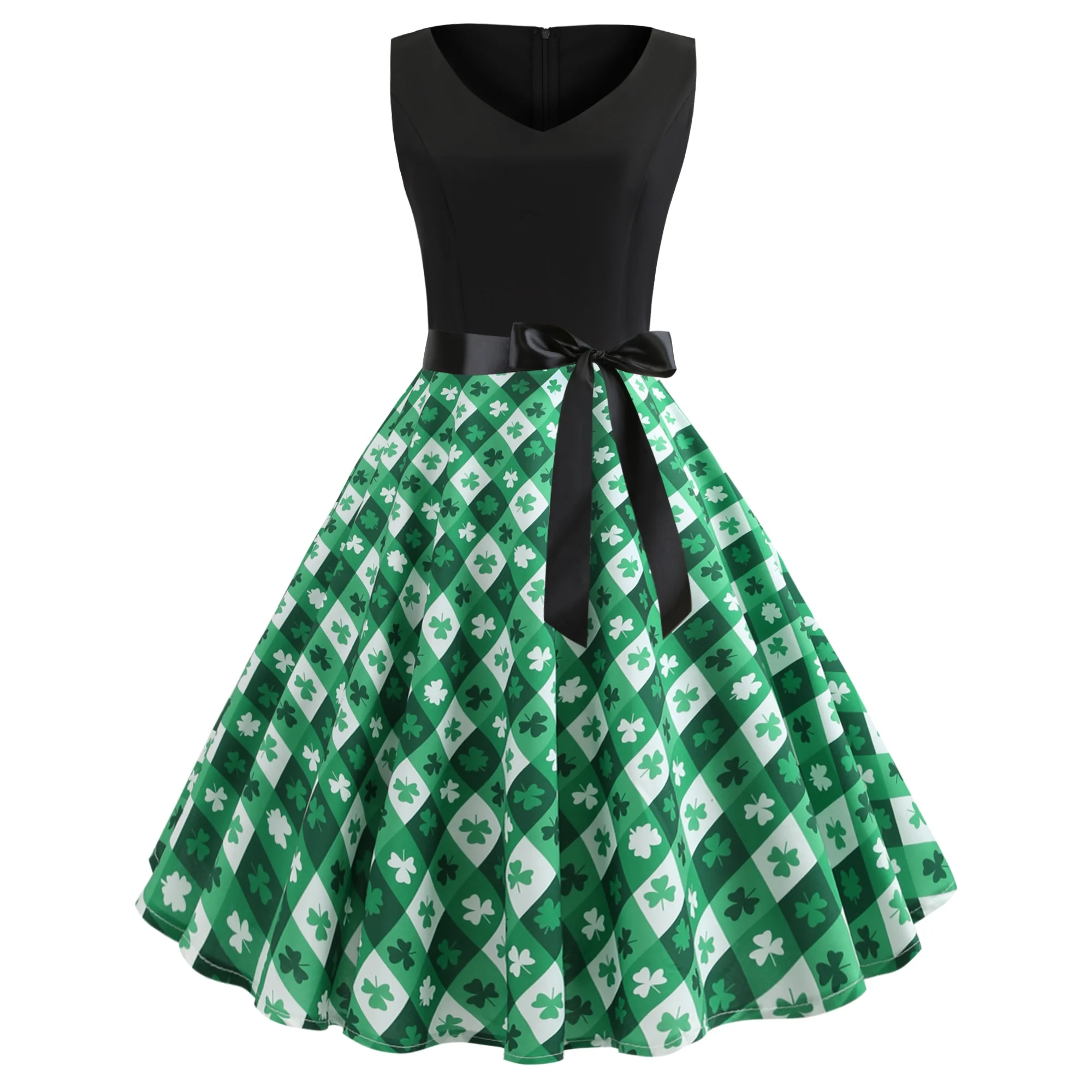 

Wholesales St. Patrick's Day Clothing Check Clover V Neck 1950s Reto Vintage Cocktail Party Spring Summer Dress SP-Y4039, Shown