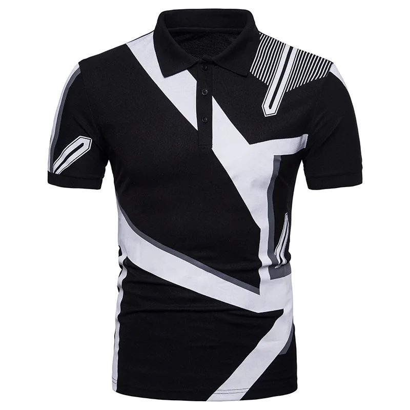 

New men's summer leisure sports youth loose Black white stripe POLO shirt wholesale