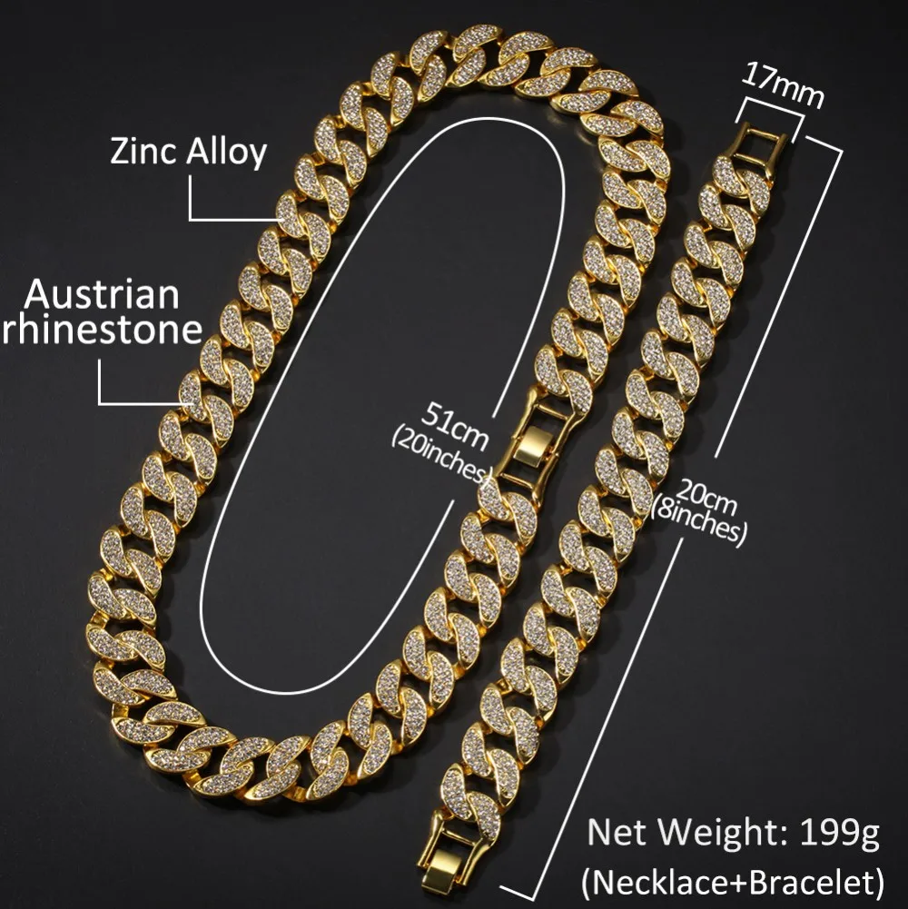 Gold Plated Iced Out Cuban Link Gold Chain Necklace Bracelet Hiphop Men ...