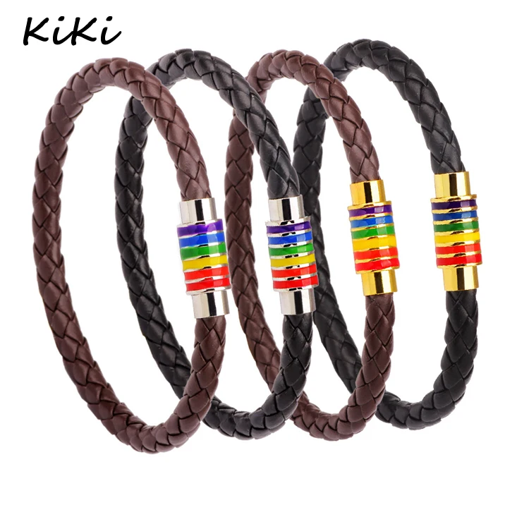 

Fashion Men Rainbow Jewelry Charm Genuine leather Bracelet for men With Stainless Steel Accessories Gay Pride Bracelet, As picture
