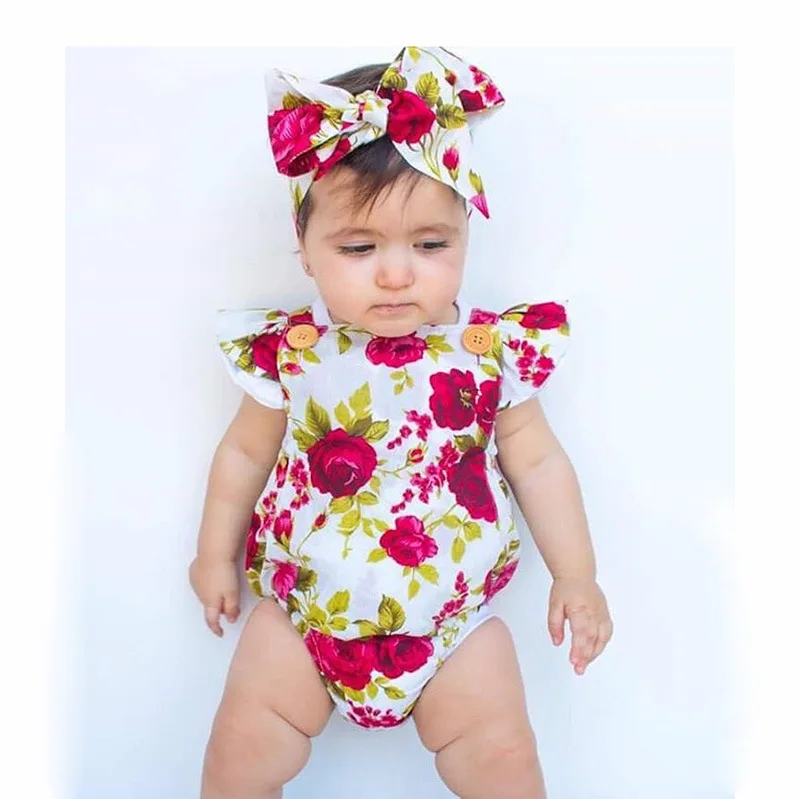 

P0080 Infants & Toddlers clothing cotton sweet flower Baby Clothes/ Baby rompers + hair band, Red