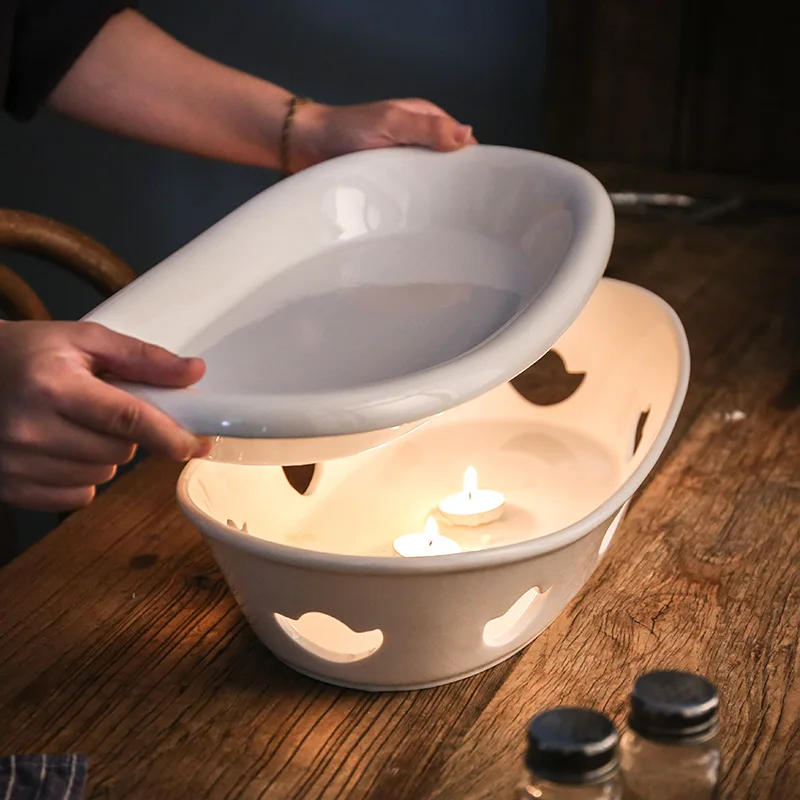 Italian Ceramic Self Heating Pan Flower Soup Pot With Candle Stove For Restaurant