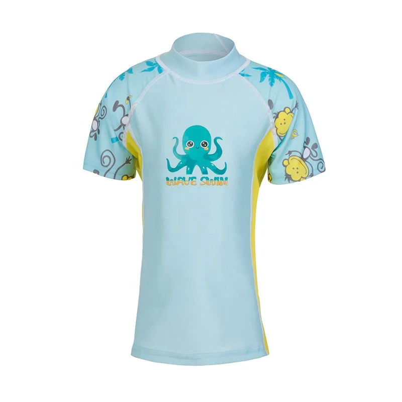 

Custom made unisex short sleeve spf swim rash guard for kids, Blue/yellow/print, rose pink/purple/print