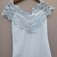 

New Arrival Summer V-neck solid color lace short-sleeved T-shirt stitching off-shoulder tops