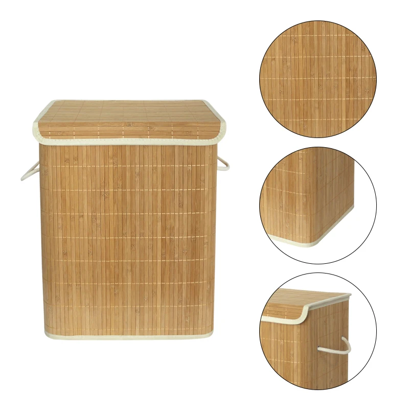 Home Storage Folding Bamboo Laundry Basket With A Lid And Cotton Lining