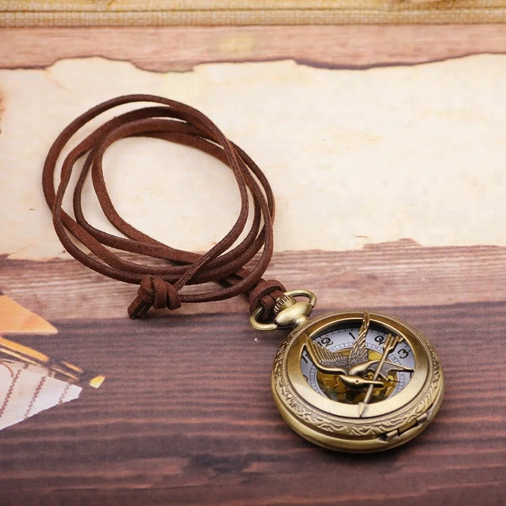 
Mens Womens Fashion Gift Animal Bird Charm Leather Rope Bronze Ancient Pocket Watch 