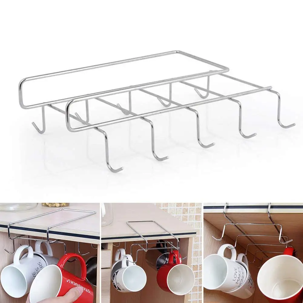 Mug Holder 10 Hooks Under Shelf Cup Holders Hanger Coffee Cabinet Kitchen Storage Rack Silver 