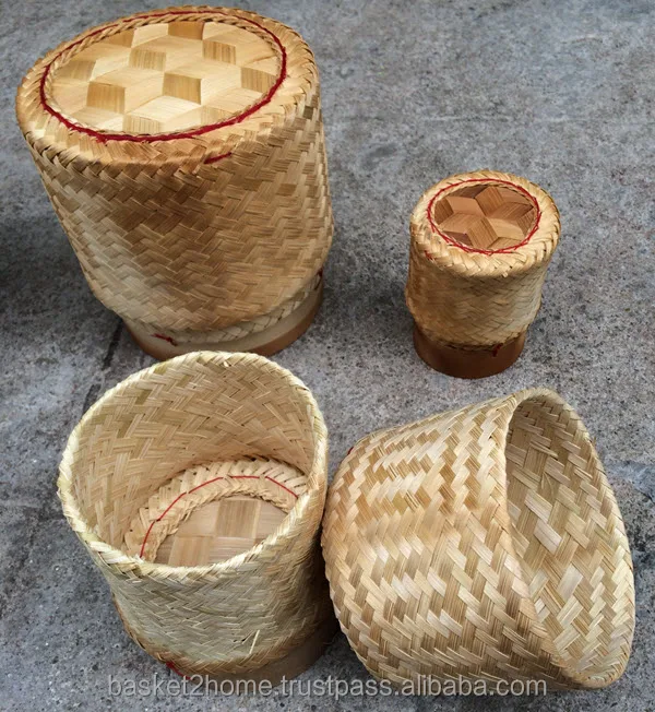 Kratip Size 3 Inches Pack of 4 Sticky Rice Basket Thailand Handmade Bamboo Rice Container