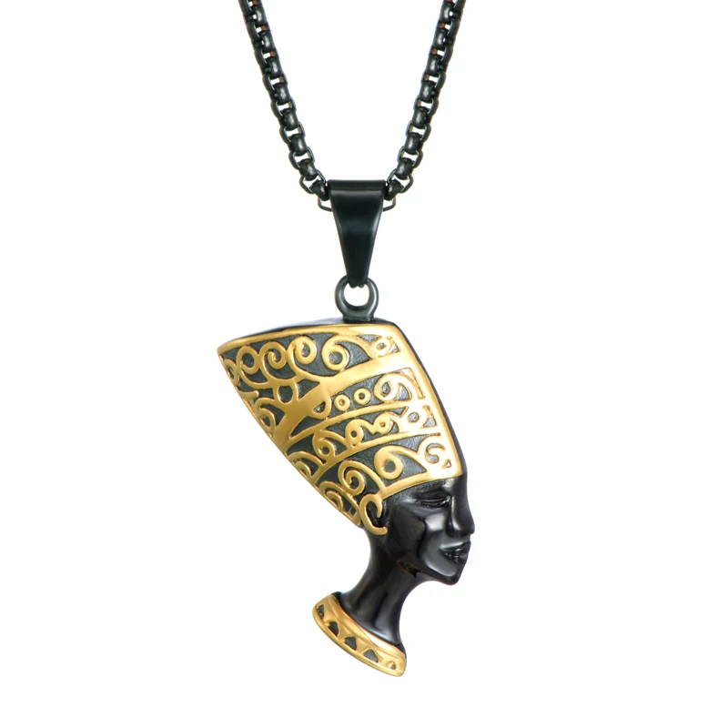 

Gold Black Stainless Steel Nefertiti Egyptian Cleopatra Pendant Necklace, Gold/steel