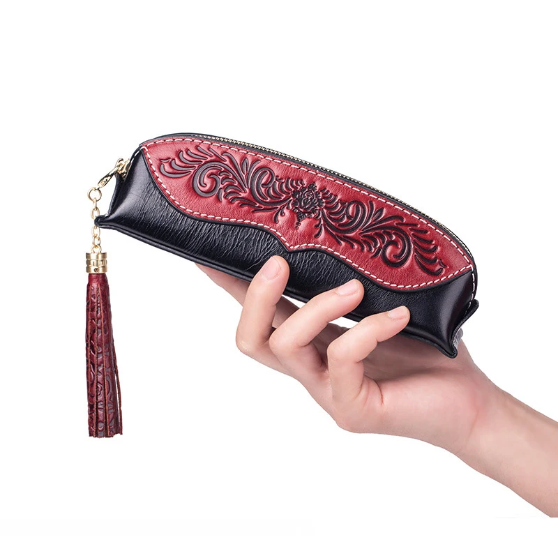 

2019 New Arrival Genuine Leather Pens Storage Bag Embossing Flower Women Clutch Bag Portable Cosmetic Bag
