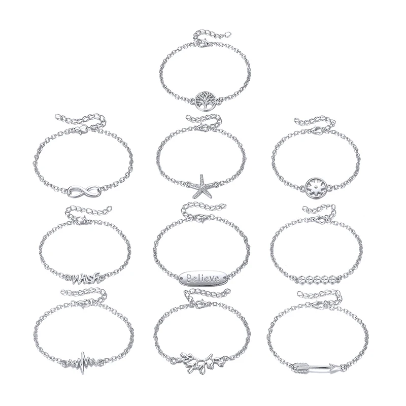 

Wholesale 10 Designs Letter WISH Thin Link Chain Bracelet Life Tree Infinity Starfish Charm Bracelet