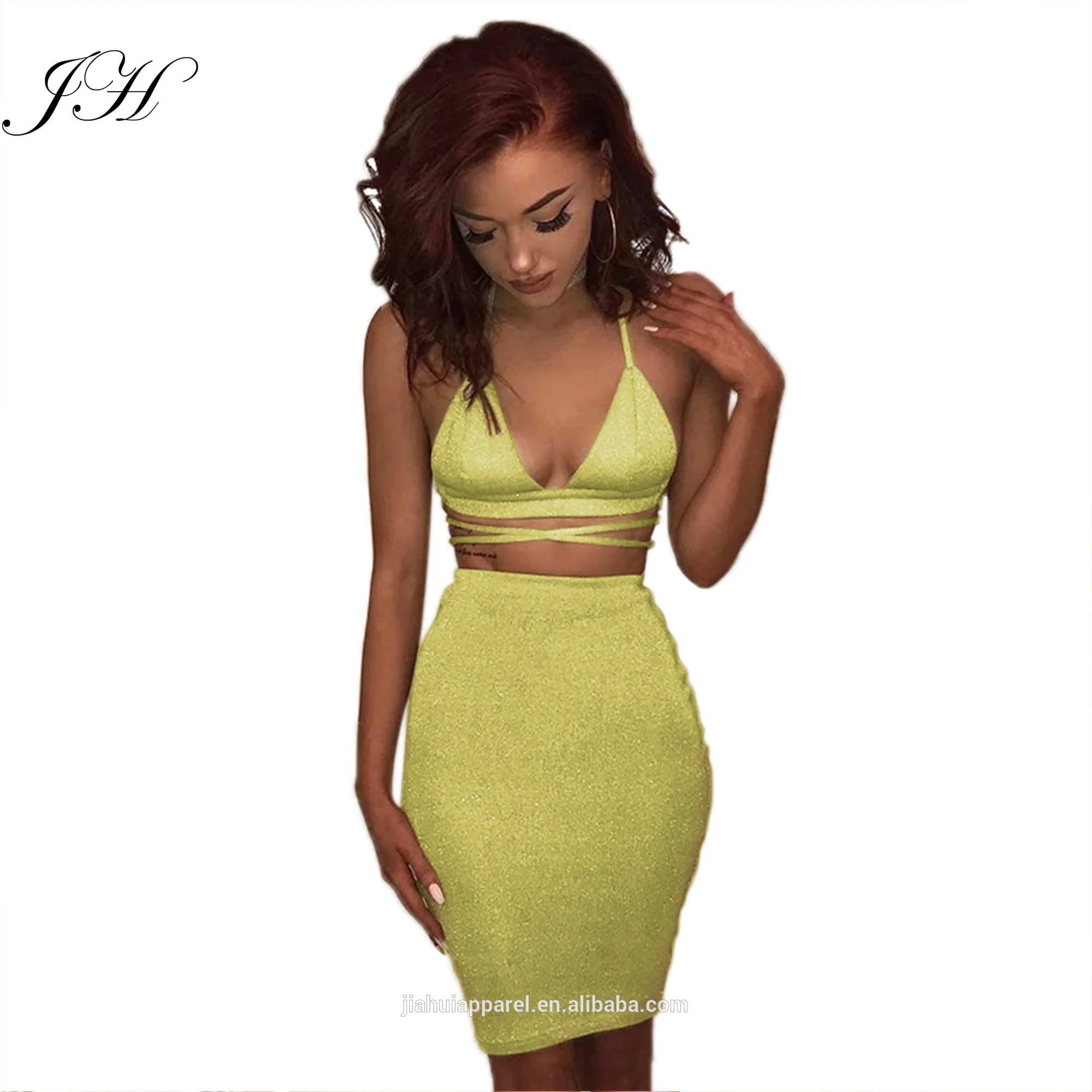 

2019 Sexy Sparkly Bandage Bodycon Dresses Halter Deep V Neck Lace Up Crop Top Two Piece Set Silver Shimmer Summer Party Dresses, 10 colors